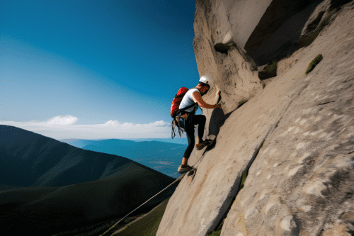 Person climbing rocky mountain, symbolizing overcoming challenges